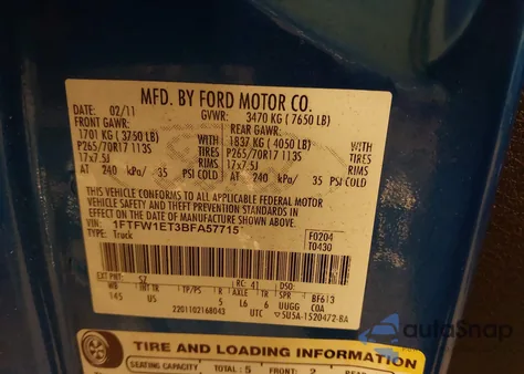 2011 Ford F-150 Xlt z USA, uszkodzony, nr VIN 1FTFW1ET3BFA57715